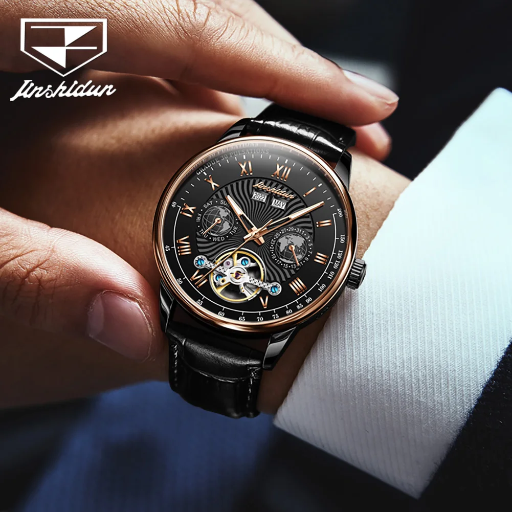 ساعة JSDUN 8919 للرجال بحزام جلدي ساعة ميكانيكية أصلية متعددة الوظائف للأعمال ﻿   ساعات مقاومة للماء لهدايا الرجل