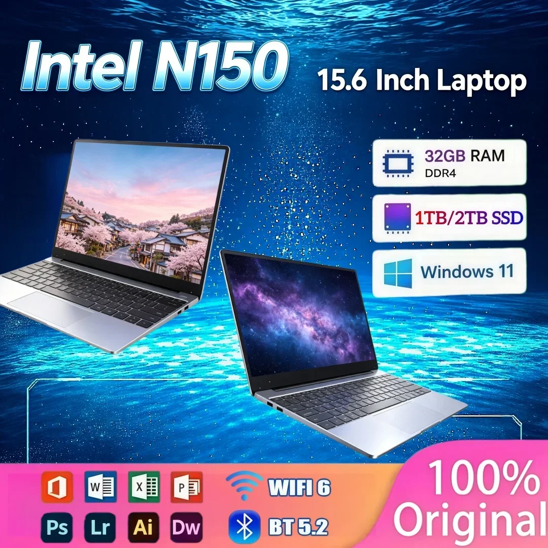 15.6 Inch High-Performance Ultra Slim Laptop Intel N150 16/32GB RAM 1TB/2TB Big SSD Portable Windows11 Office