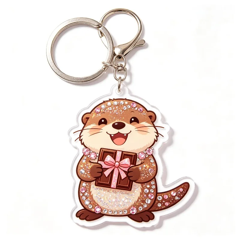 New Valentine's Day Sparkling Diamond Otter Acrylic Keychain Rose Love Couple Backpack Keyring Hanging Decoration Pendant Gifts view 3