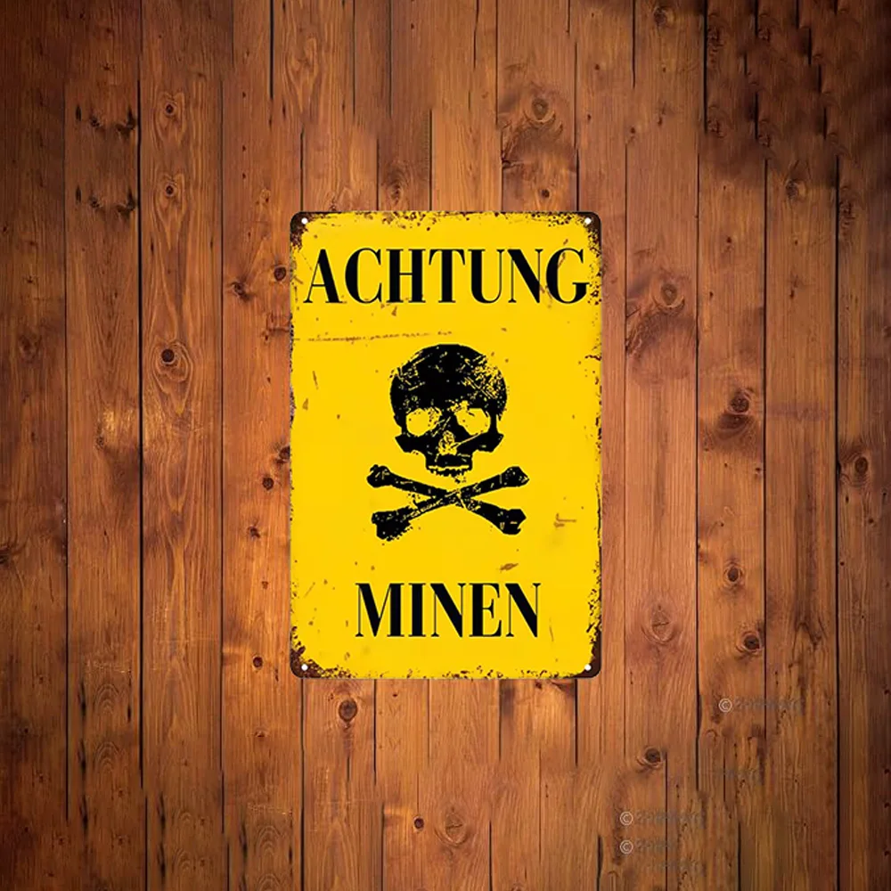 

1pc Warning Danger Tin Sign Metal Plaque Caution Achtung Minen Metal Sign Military Tin Sign Warning For Man Cave Accents Outdoor