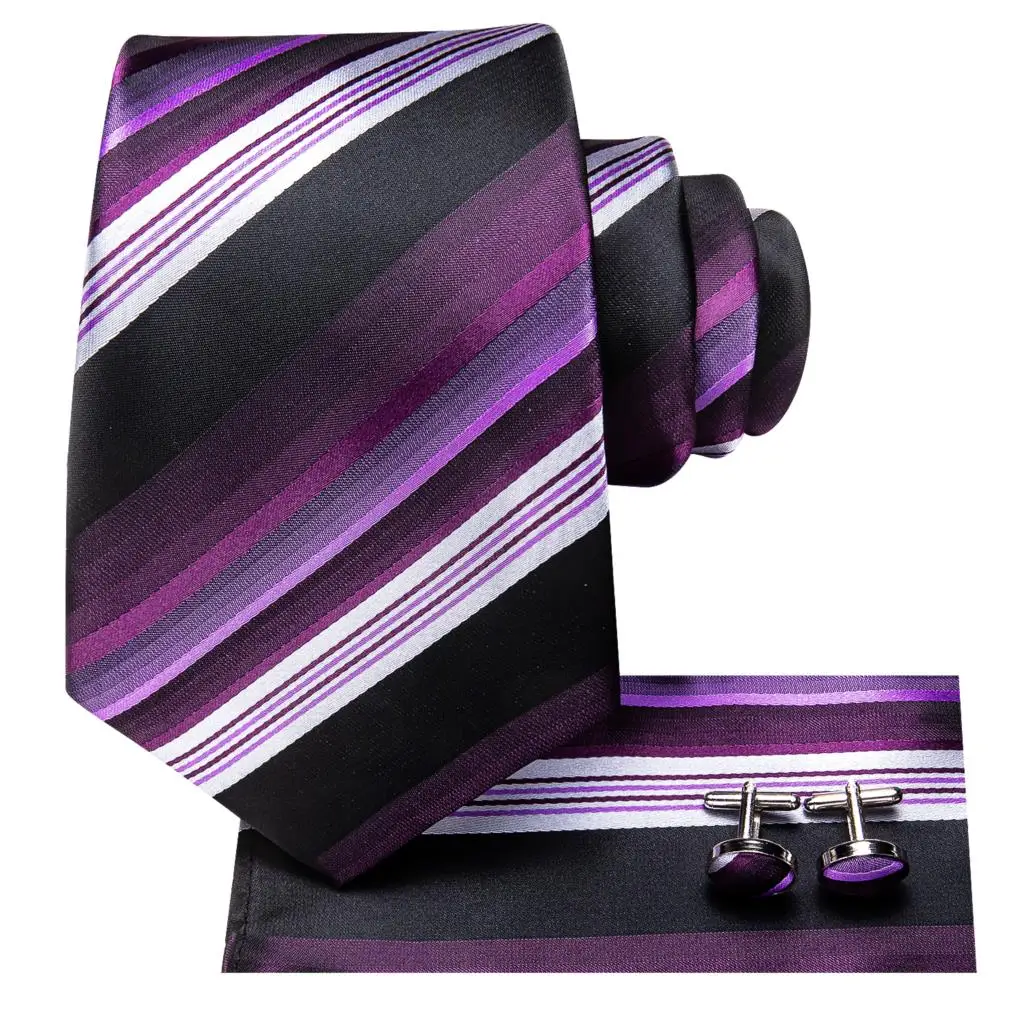 Purple Black Striped Silk Wedding Tie For Men Handky Cufflink Necktie Fashion Business Party Dropshiping Hi-Tie Designer