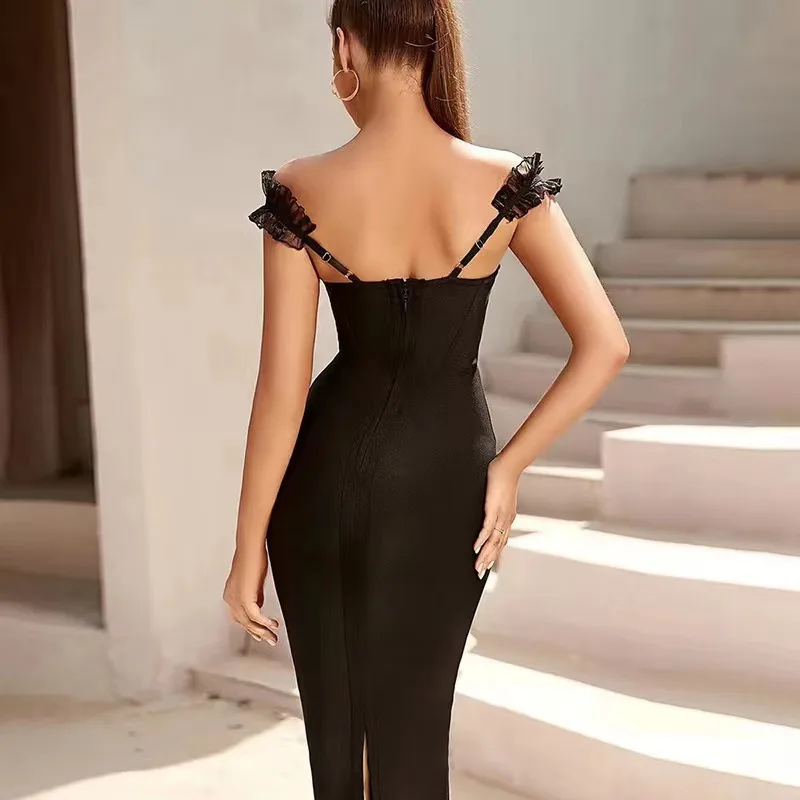 2024 Fashionable New Bandage Women's With Hanging Straps Mesh Petals Temperament Waist Closing Shaped Dress Evening Dress