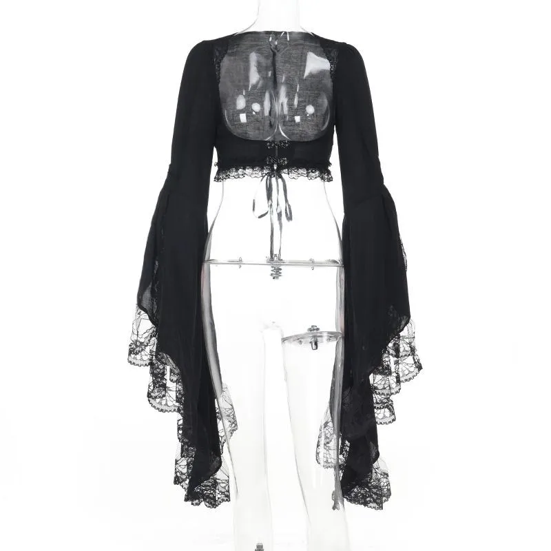 Gothic Lace Patchwork Flare Sleeve Coat Women Vintage Y2k Slim Fit Irregular Crop Top Autumn Harajuku Cardigan