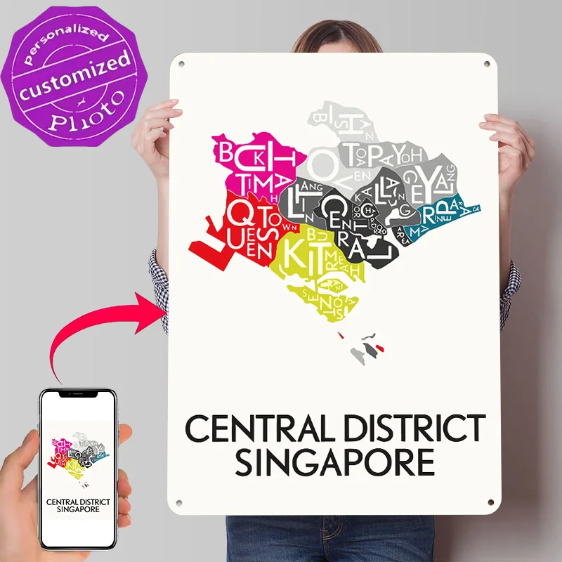 Central District Singapore Map Art Metal Poster Customized Wall Art Retro Vintage Tinplate Signs for Mancave Decoration Gaming
