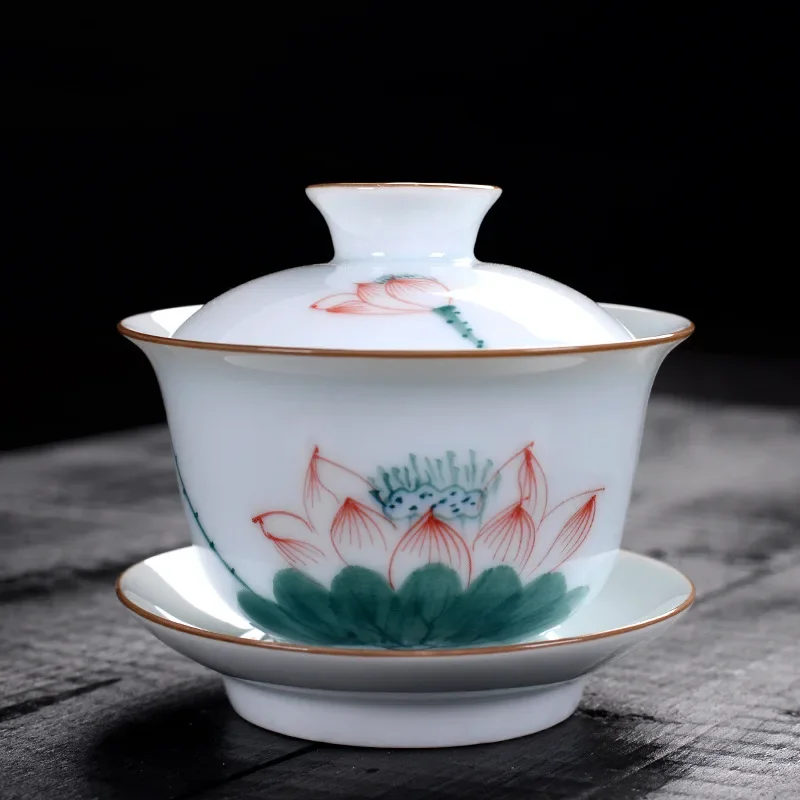 Jingdezhen-Porcelain Tea Set, Ceramic Teacups and Saucers, Handpainted Lotus, Travel, Easy Gaiwan, Porcelain Cup, Tableware