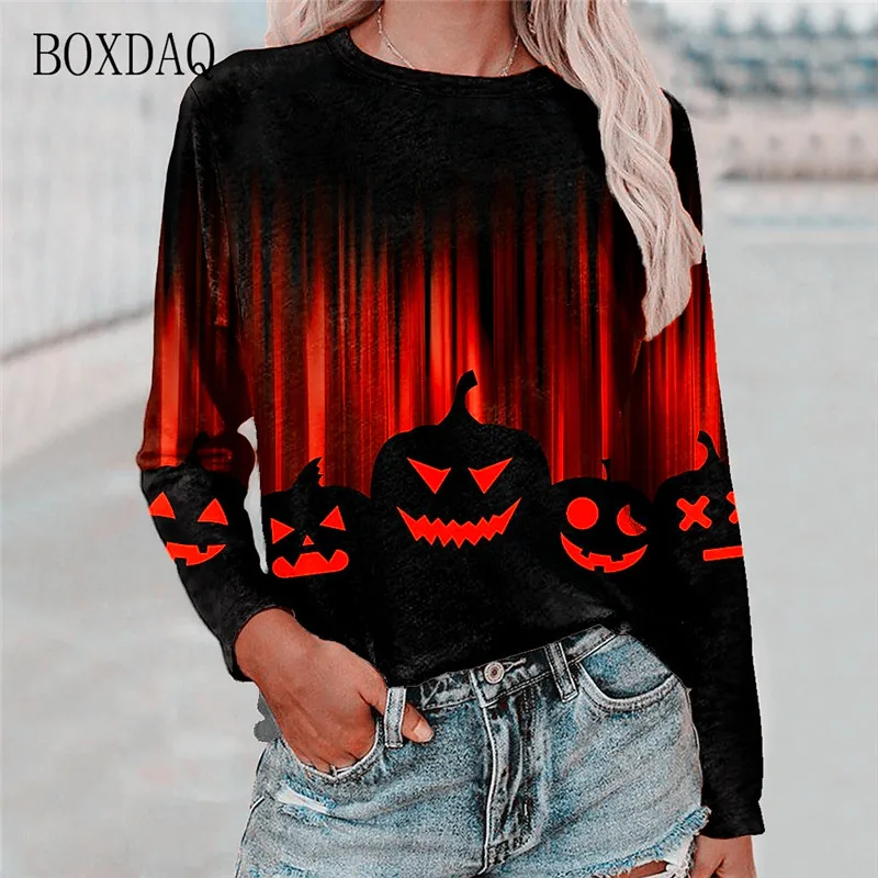 Horror Pumpkin Halloween Style Women T-shirts Long Sleeve Cotton 3d Print Street Hip Hop Ladies Tees 6XL Plus Size Casual Tops