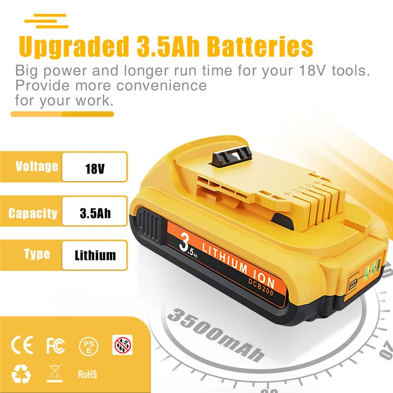 3500MAH For Dewalt DCB200 20V Replacement Battery Compatible For Dewalt 20V DCB200 DCB101 DCB115 Tools Battery Dual Charger