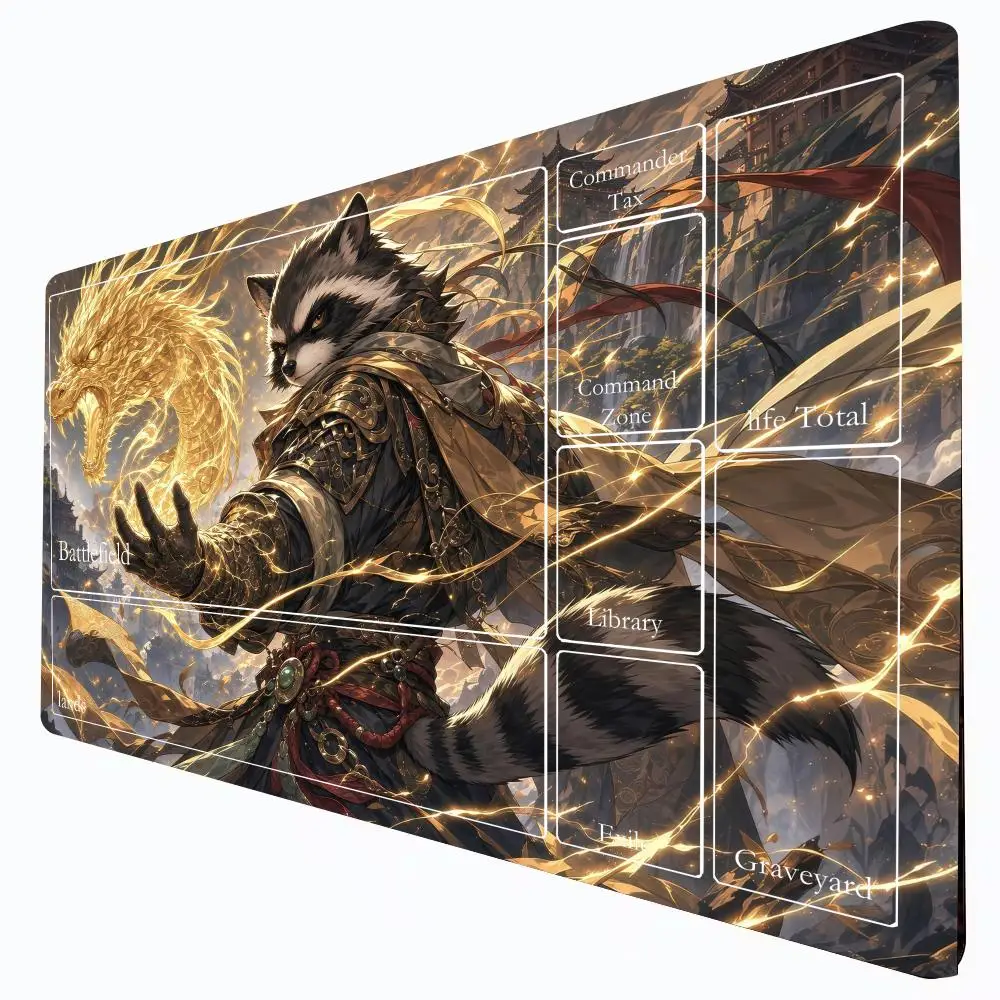 Raccoon Samurai Warrior Golden Dragon MTG Trading Card Game Playmat TCG CCG Play Mat Magic MTG Non-Slip Durable Stitched Edge