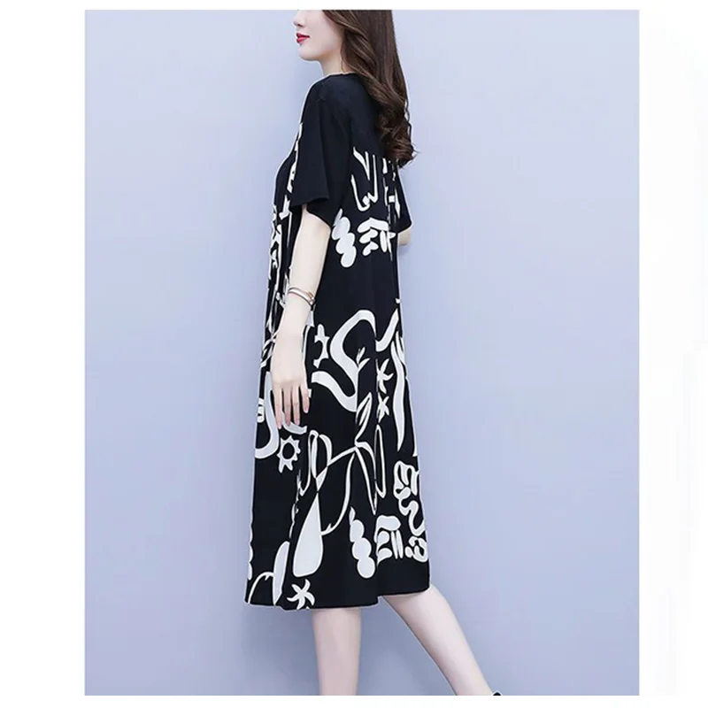 Fashion O-Neck Printed Spliced Loose Folds Fake Two Pieces Midi Dress Women's Clothing 2023 Summer New Oversized Casual Dresses