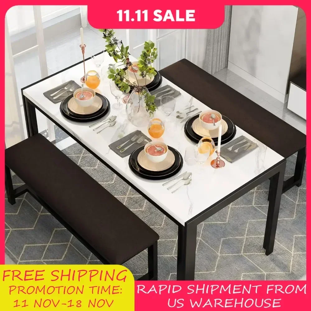 Faux marble dining table for 4 people, kitchen furniture with 2 PU leather dining table, kitchenette table and chairs