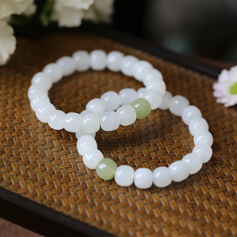 

Hetian white bracelet, single strand women, 9x10mm vintage beads paired with green jade, a and elegant accessory