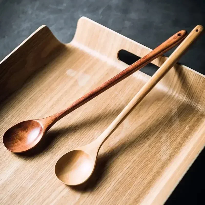 1pcs Wooden Spoons Large Long Handled Spoon Wood Rice Soup Dessert Spoon Coffer Tea Mixing Tableware set