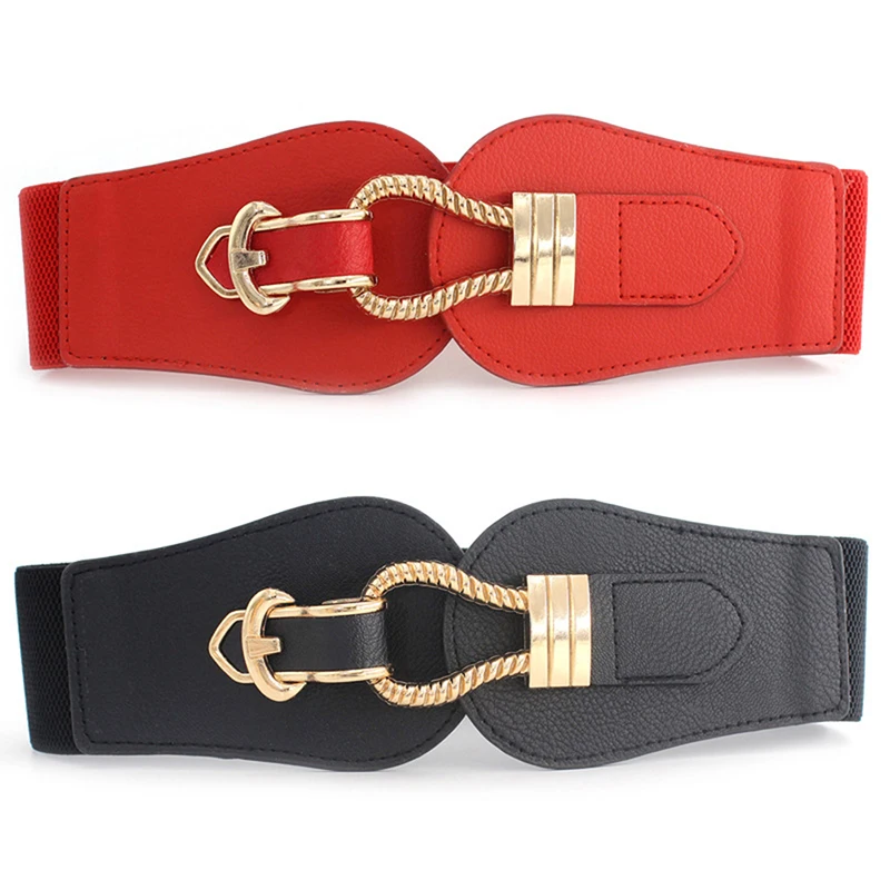 Women Fashion Wide Waistband Big Buckle PU Leather Cummerbunds for Ladies Dress Sweater Stretchy Belts Elastic Waist Belt