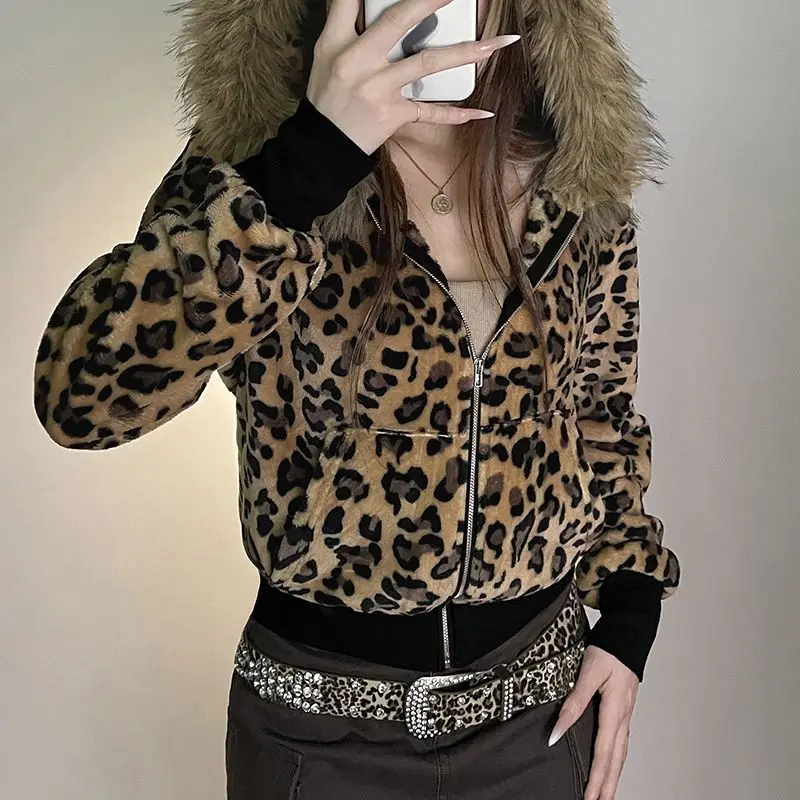 Y2k Autumn Winter American Style Vintage Women High Street Jacket Hooded Fur Collar LEOPARD Chaquetas Zipper Design Sense Coat