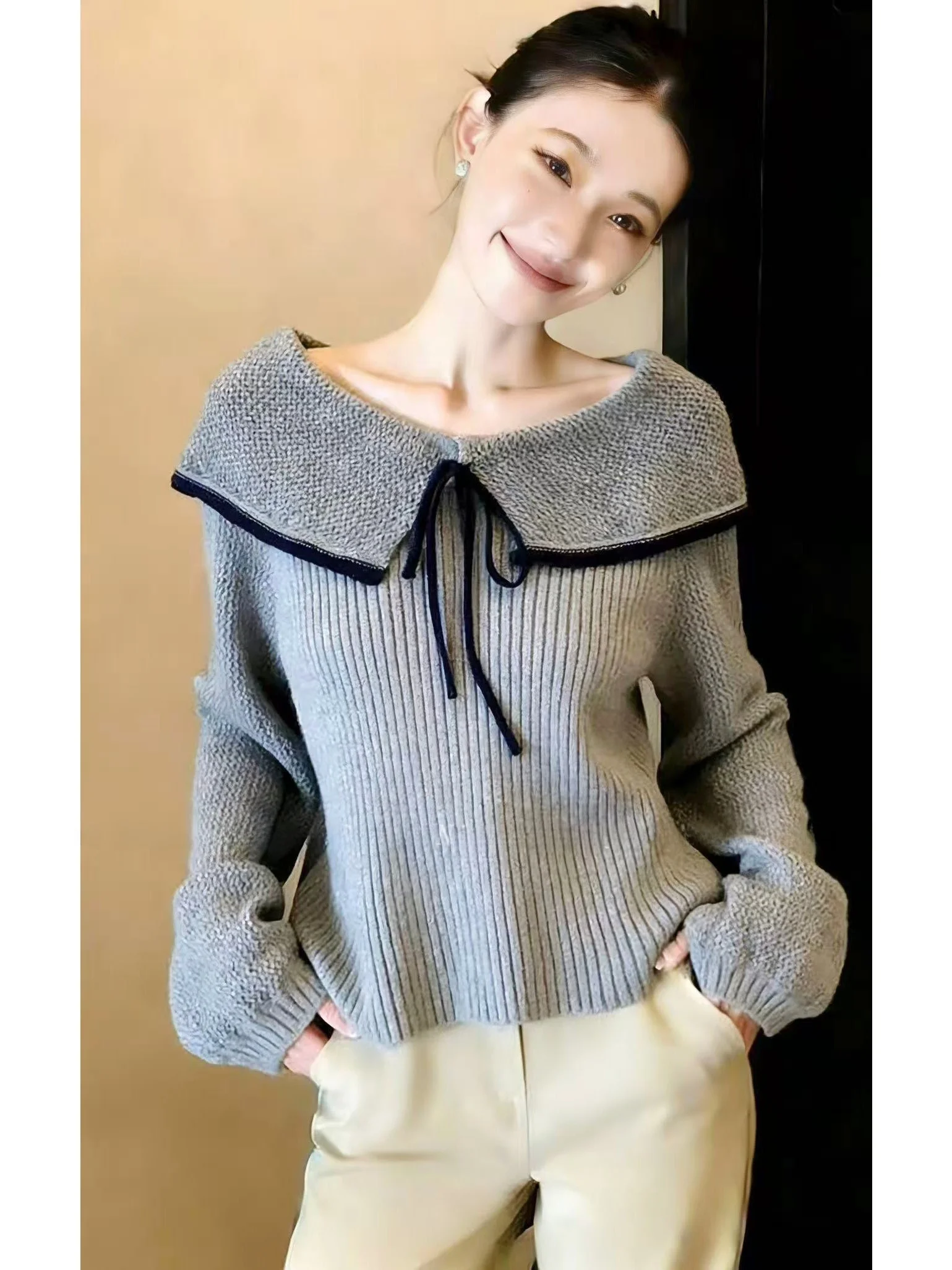 

Весенне-осенний женский вязаный свитер 2026 с длинным рукавом, воротником-бантом и кукольным воротником, модный, омолаживающий топ в стиле Lazy Sle