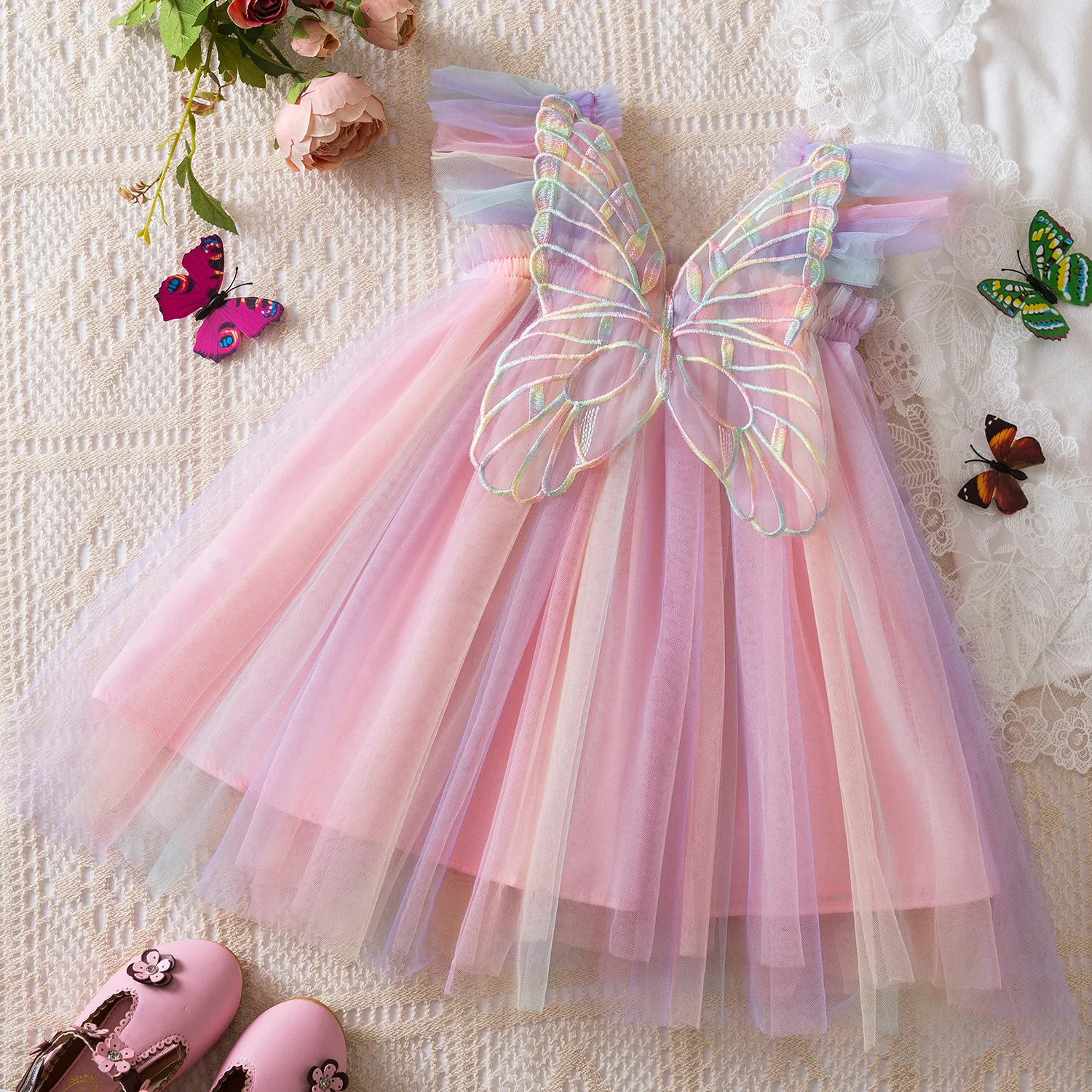 

Girls dress Rainbow wings mesh girls dress 2024 summer short-sleeved baby girl princess skirt Peng Peng skirt
