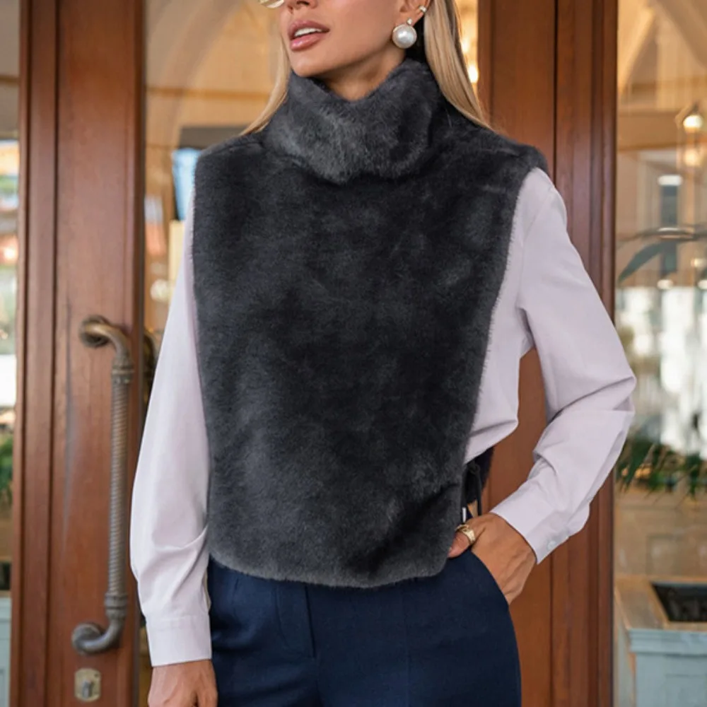 Soft Women Faux Fur High Neck Sleeveless Vest Autumn Winter Warm Plush Waistcoat Elegant Ladies Fashion Streetwear Outerwear