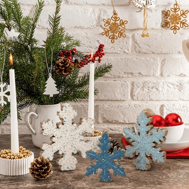 Wooden Christmas Snowflake Centerpiece – Freestanding Cutout Design, Elegant Holiday Tabletop Home Decor Ornament