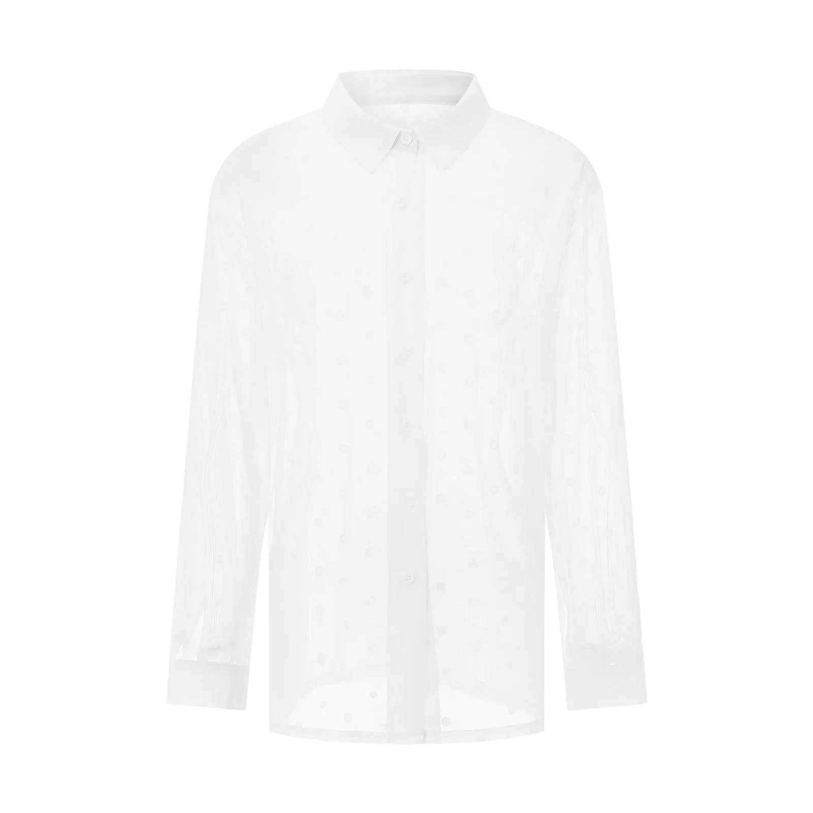 Dames Pure Mesh Button Down Shirt Lange Mouw Sexy See Through Y 2K Vintage Blouse