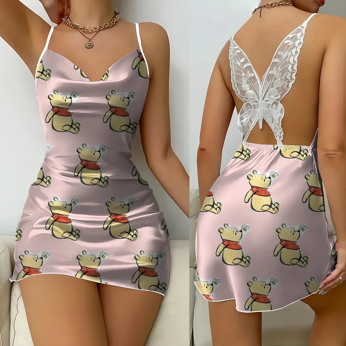 Elegantes Damen Disney Winnie the Pooh Cartoon Print Mode Sommerkleid V-Ausschnitt Sexy rückenfreies Mini Home Kleidung Nachthemd