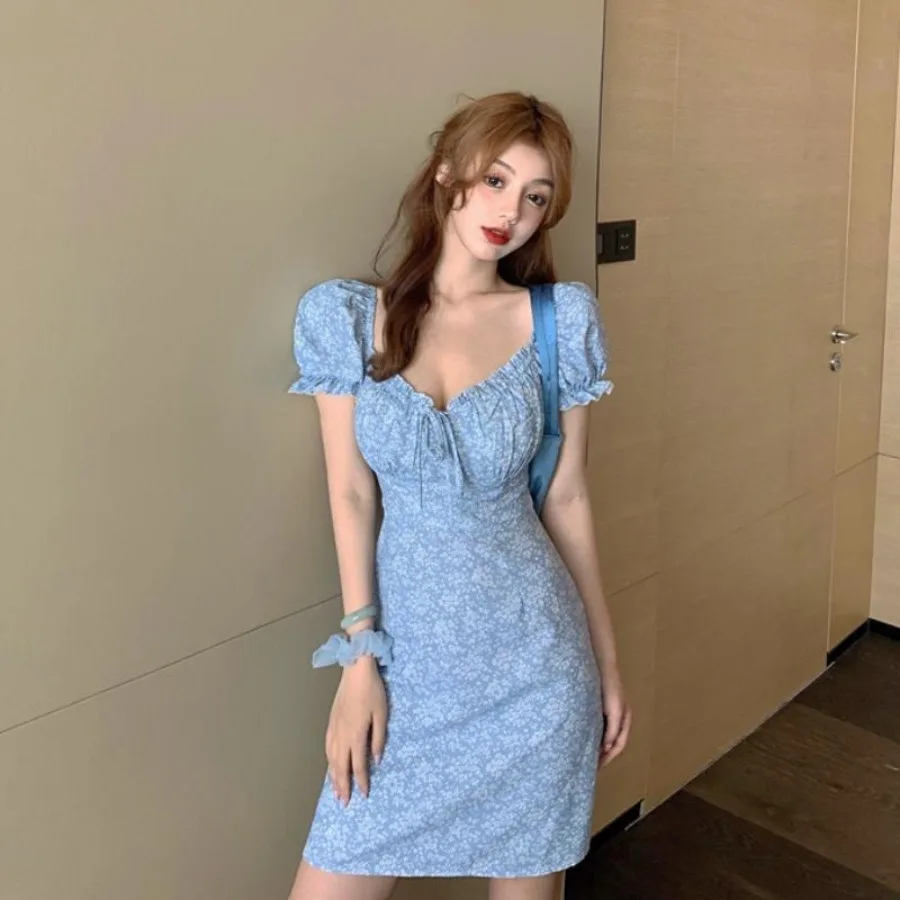 

【New style】French small size flower dresses, women's Xia Lu clavicle, square neck Platycodon, short skirt, bubble sleeves, sexy