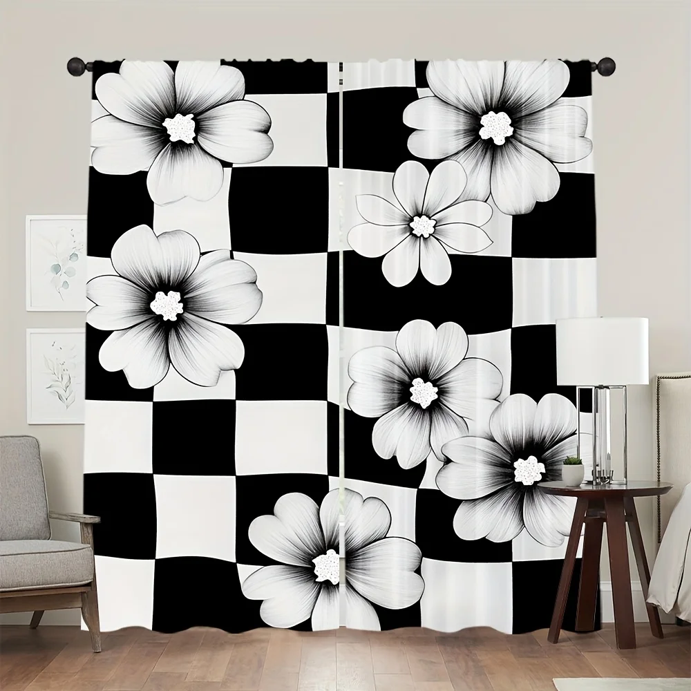 2pcs Art Deco Black & White Floral Checkered Curtains - Fade-Resistant Polyester, Machine Washable for Bedroom, Living Room, Off