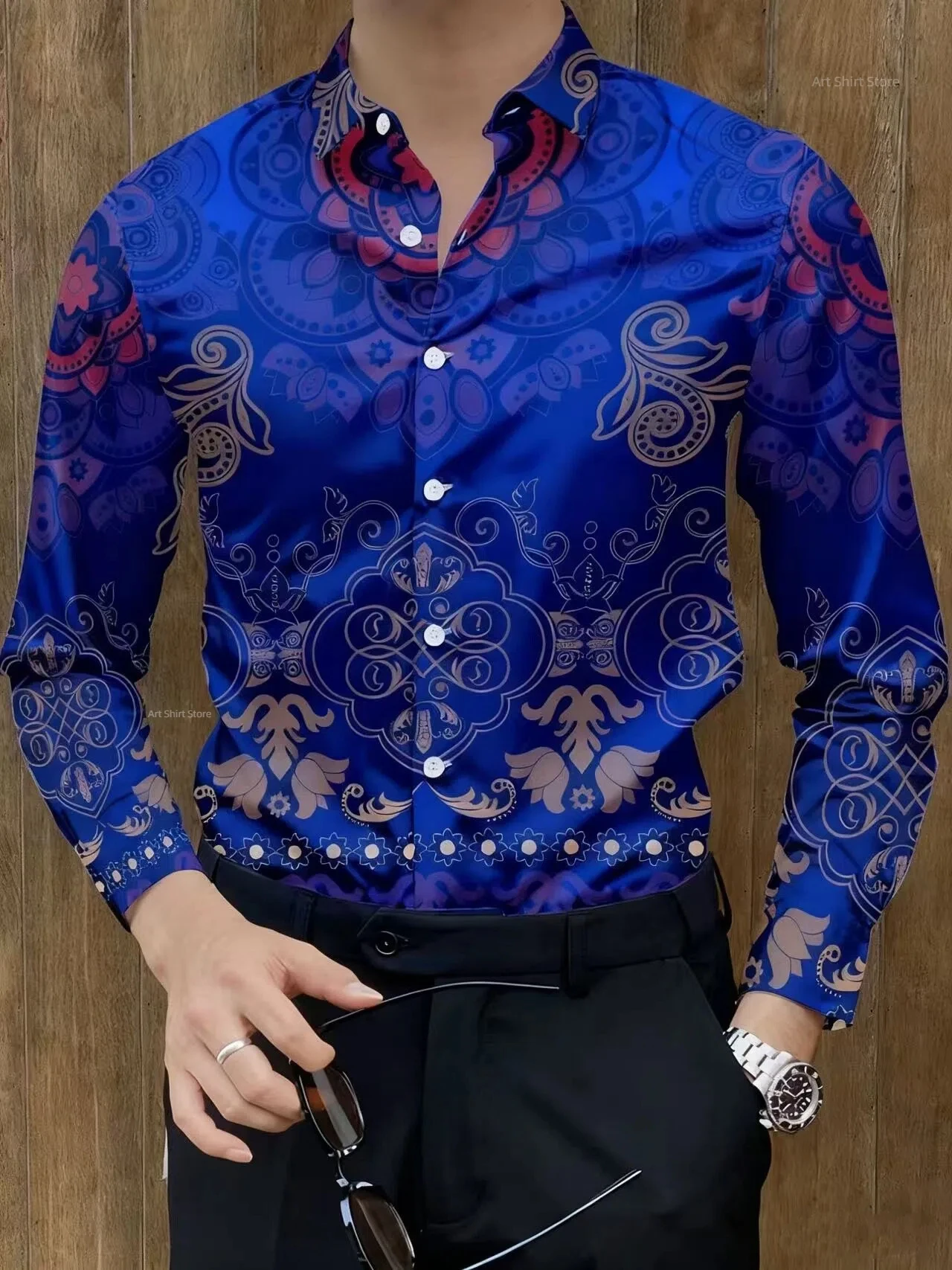 Men's new retro totem flower pattern light luxury business casual long sleeved shirt Baroque red brown interwoven top