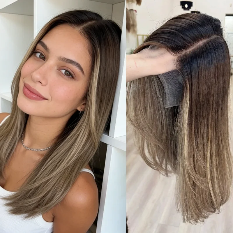 

Косплей-парик Genshin для женщин, омбре, коричневый с мелированием, балаяж, синтетический, с кружевной передней частью, предварительно прорезанный, многослойный, прямой парик