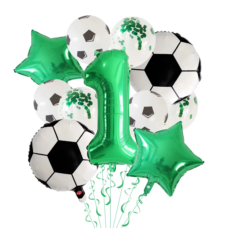 11-teiliges Set Grünes Digitales Fußball-Set Aluminiumfolienballons Weltmeisterschaftsthema Party Geburtstagsdekoration Kinderspielzeug Latex Luftballons