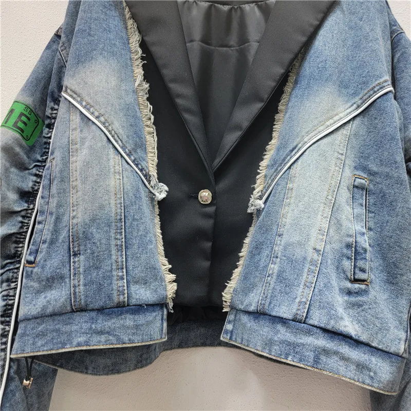 

European Denim Splicing Small Blazer Women Spring Autumn New Personalized Niche Letter Printing Short Contrasting Jean Jacket