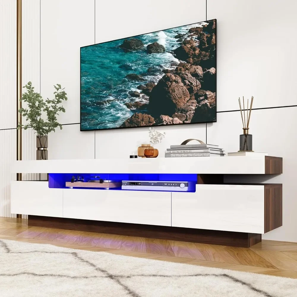 70IN White TV Stand for 75/80 inch TV,Modern LED TV Stand for Living Room,High Gloss Entertainment Center with Storage Drawer