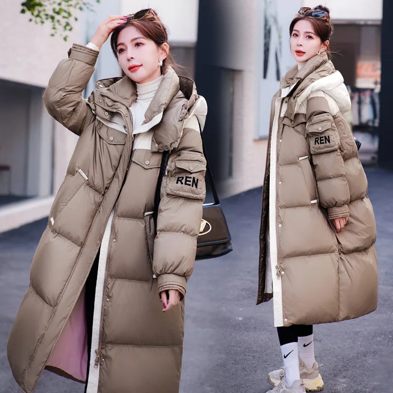 2024 Winter New Down Jacket Women White Duck Down Hooded Knee-length Coat Thickened Warm Loose Casual Stand Collar Puffer Jacket