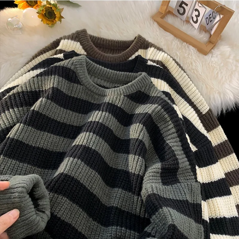 Men Striped Pullovers Fall Winter Loose Fluffy Male Long Sleeve Knitted Sweaters Casual Tops O-neck Keep Warm Couples Vintage