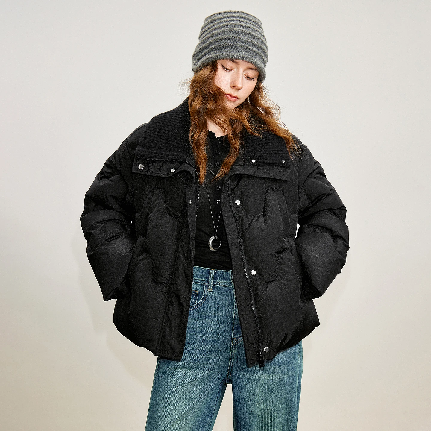 TOYOUTH Damen Daunenjacke 2025, Winter, neu, 90 % weiße Entendaunen, gestrickter Kragen, leicht, dick, warm, Brotjacke, Mantel, Blau