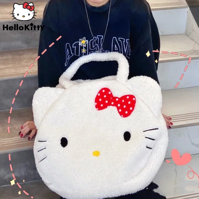 Sanrio Hello Kitty Plush Large Bag Women Cute Handbags Casual Outdoor Shoulder Bags Y2k Student Cartoon KT Handbag Kawaii Bag