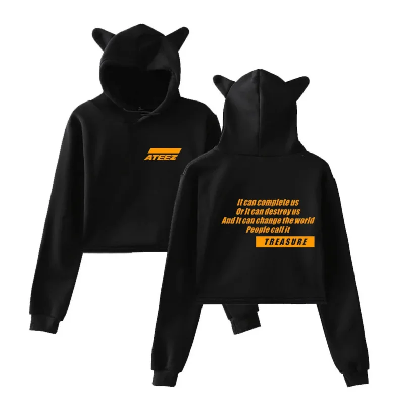 Sweat-shirt court à capuche KPOP ATEEZ pour femme, haut court, oreille de chat drôle, pull à capuche, mode coréenne, Kawaii, Y-Streetwear, RZ