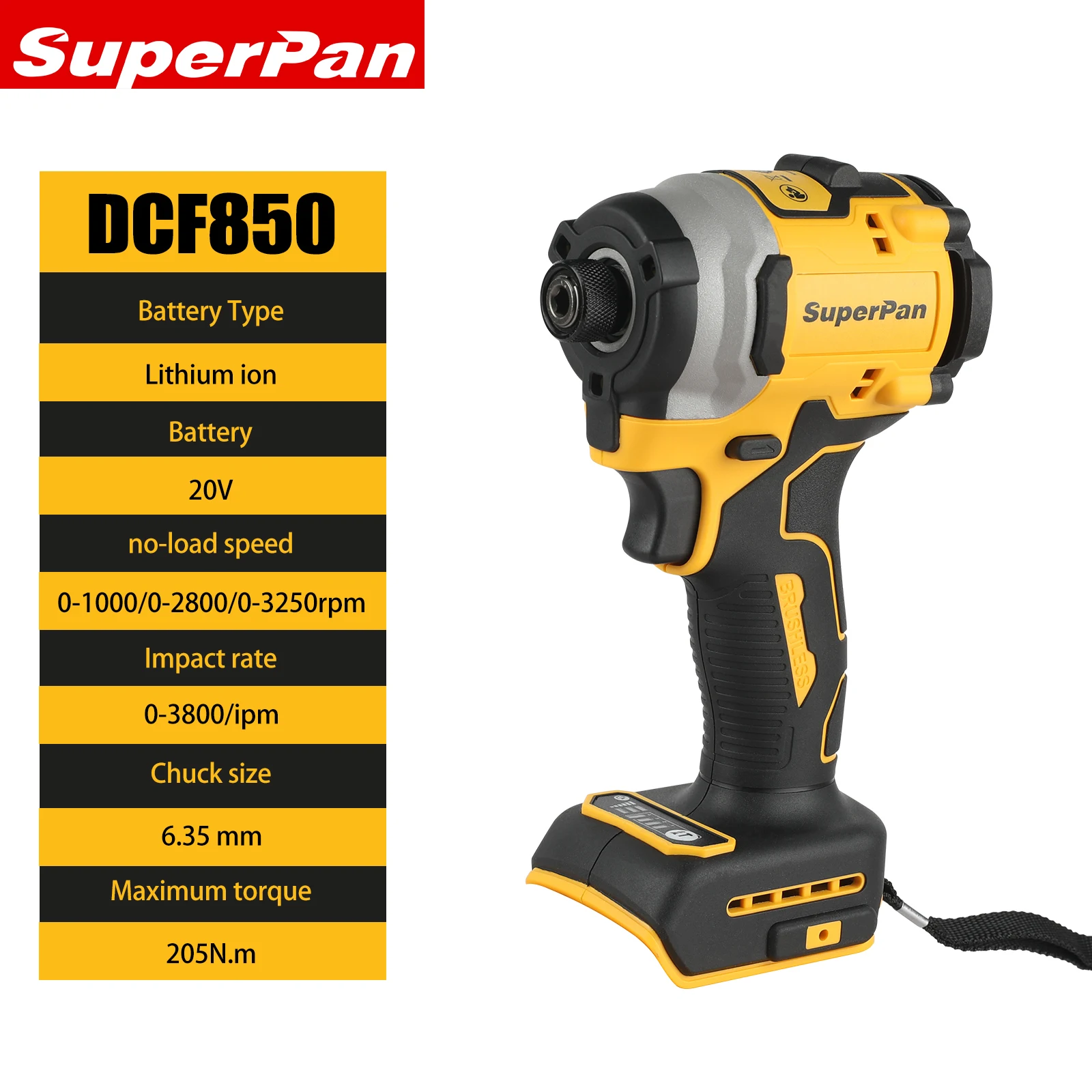 

SuperPan DCF850 Professional Brushless Impact Driver 205N·m 20V Battery 3250RPM Max Speed for DeWalt 20V battery pin