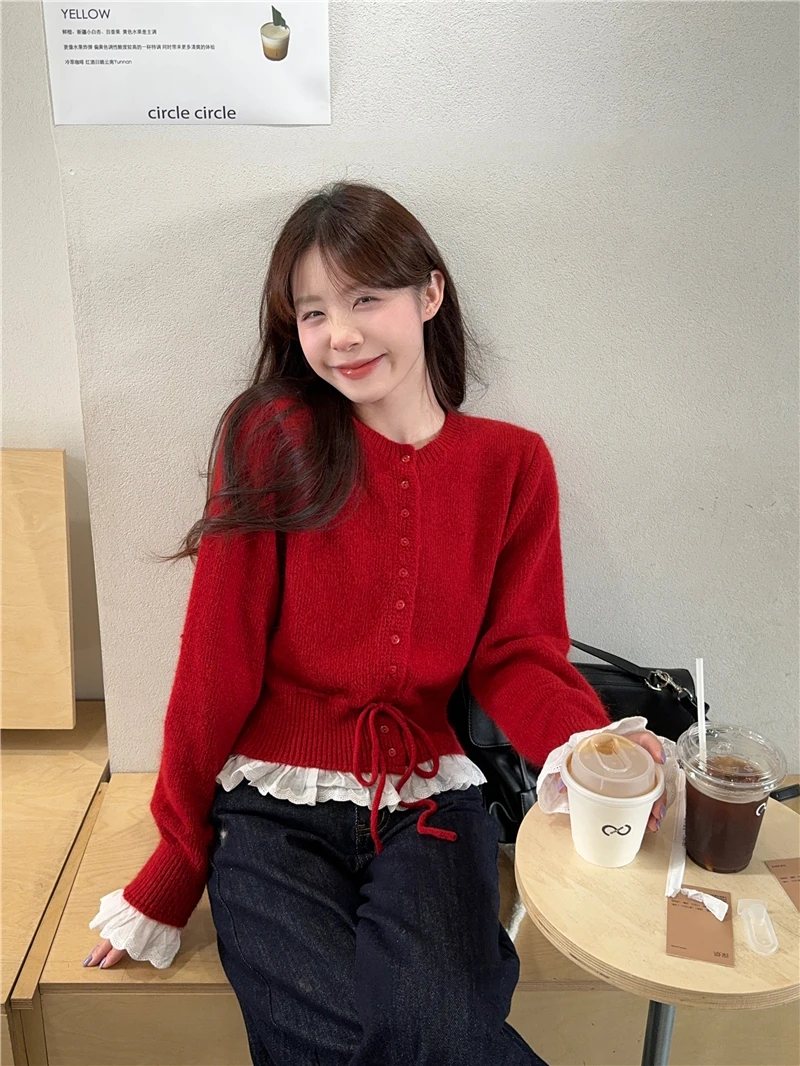 

Red Lace Splice Knitted Sweater Women's Loose Sle Autumn Winter Lazy Faion Top Cisas New Year Celebration Wear