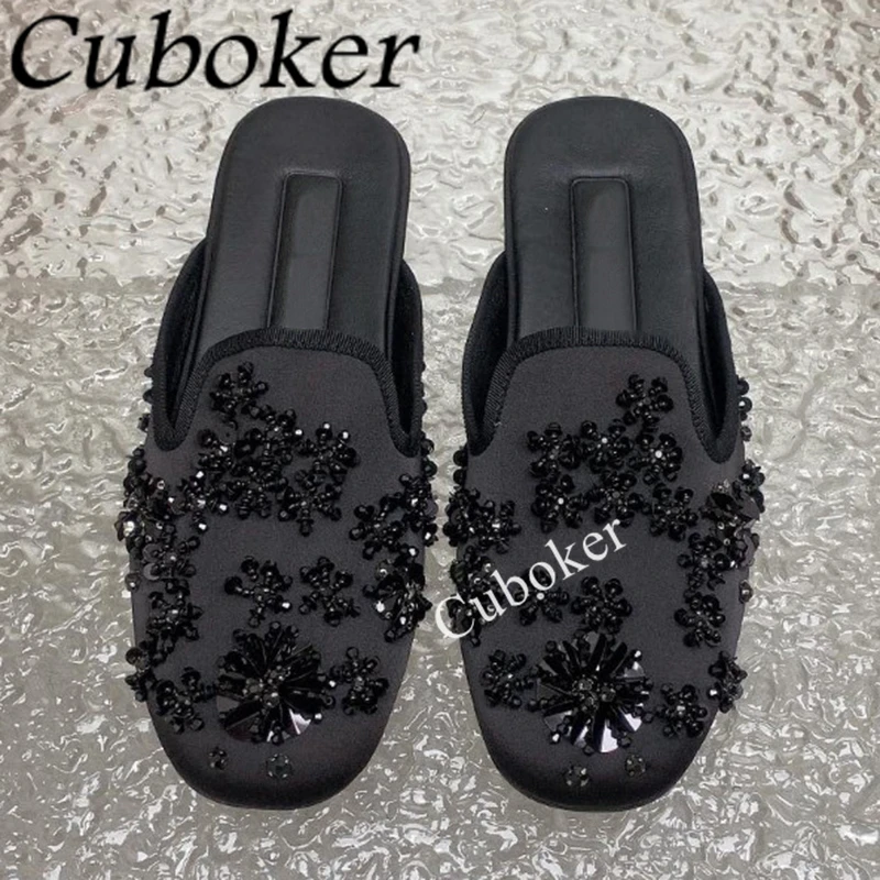 2024 Spring Crystal Flower Satin Ballet Flat Shoes Women Round Toe Slip-on Lazy Loafers Casual Walking Mules Shoes Zapatos Mujer