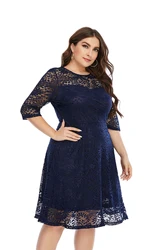 Plus Size kontrastowa koronka półprzezroczysta sukienka Midi z 3/4 rękawami, damska Plus lekka rozciągliwa elegancka spódniczka Midi