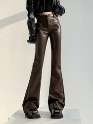 Vintage Brown PU Leather Micro Flare Pants Women's Autumn Winter High Waist Pants Casual Horseshoe Pants Slim-Fit Trousers Trend