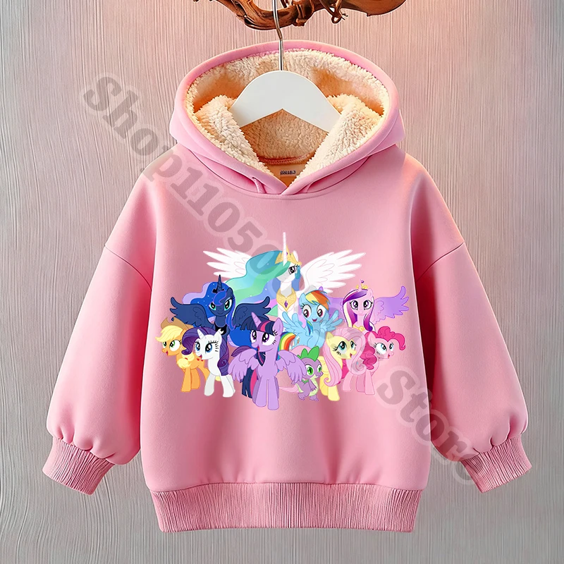 Felpe con cappuccio carine per bambini Cartoon My Little Ponys Ragazza Felpa con cappuccio in pile Top a maniche lunghe Felpa con cappuccio moda casual per bambini Regalo di Natale
