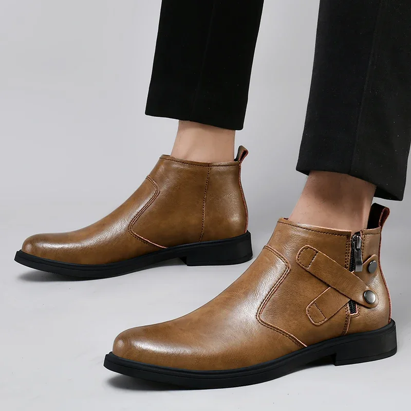 Botas Chelsea de alta calidad para hombre, botines de mezclilla blancos de tacón bajo con cremallera lateral, botas formales de cuero para negocios,