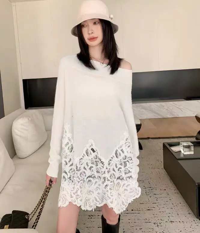 Premium White Gray Pink Black 100% Cashmere Sweater Women Off Shoulder Hollow Out Embroidery Lace Splice Loose Elegant Knit Top