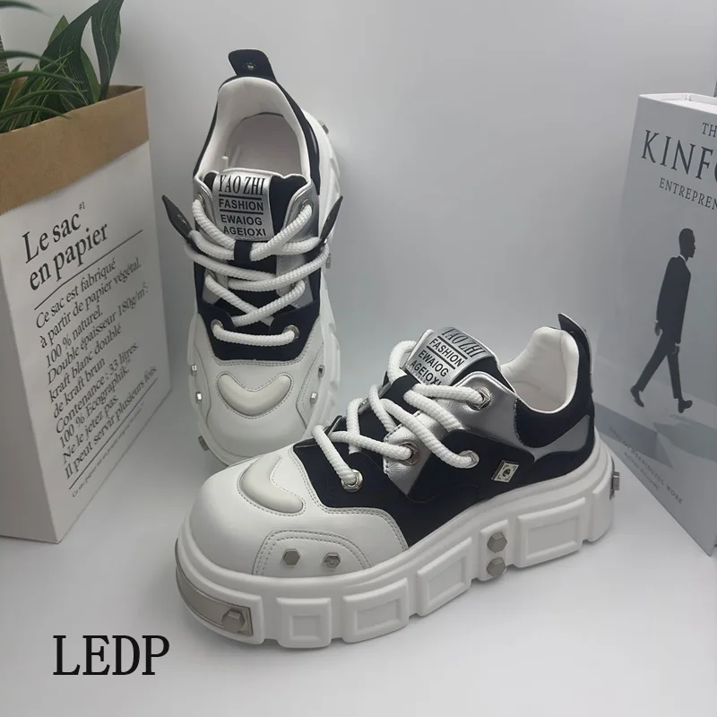 LEDP Senior Sense Dad Shoes Men's Rivets 2024 Summer New Increase Thick Sole Design Sense Fashion Korean Big Head Derby Shoes