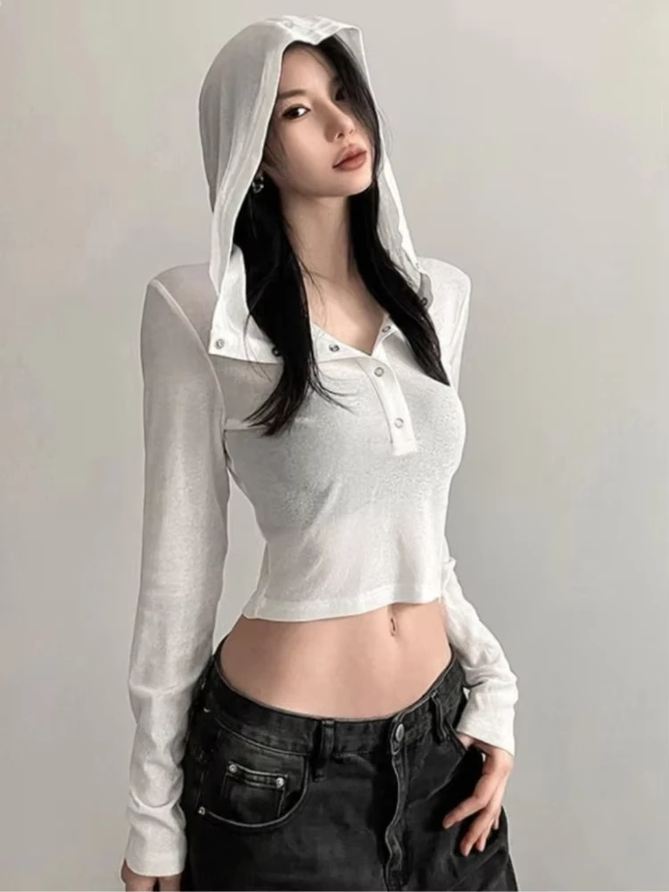 

Новинка 2023 года, толстовки с капюшоном Y2k, облегающие прозрачные универсальные футболки для электронных девочек, солнцезащитное пальто, женский укороченный топ с капюшоном