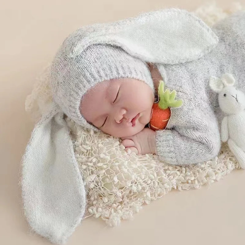 Pakaian fotografi kelinci untuk bayi, Jumpsuit rajut + topi 2 potong/set, pakaian kostum Studio foto bayi tema hewan lucu