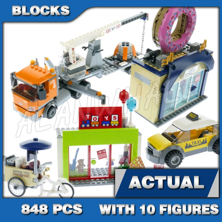 848pcs City Donut shop opening Coffee Cargo Bike Crane Trailer Truck Van Town 11392 Building Block Toys Compatible With Model