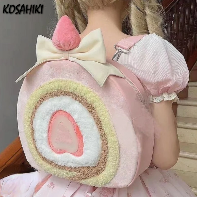 Y2k estetyczne Kawaii słodkie plecak dla dziewcząt kontrastowe kolorowe słodka, modna z kokardą tornistry koreańskie studentki na co dzień