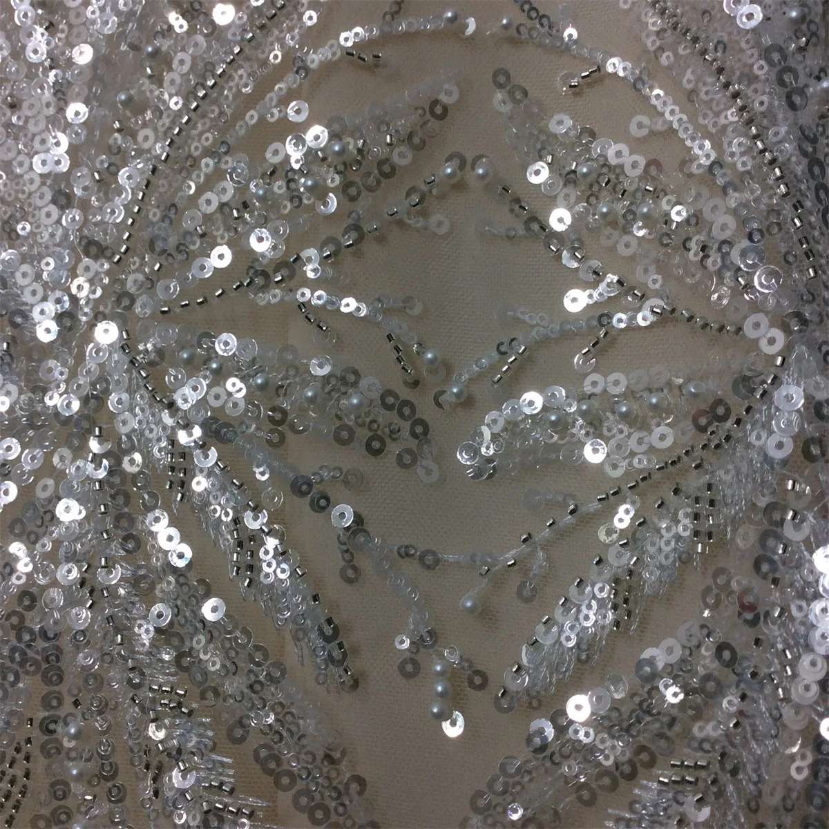 Silvery Glass Beadings Tulle Lace Fabric Bride Wedding Gown Sewing Lace New Sell by Yard